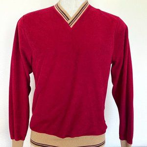 70's V-Neck Pullover Shirt- Smocked Velour - Cranberry - Size Medium